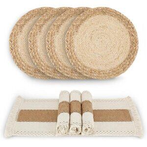 Handmade Boho Placemats Set of 4 - Natural Cotton Burlap and Water Straw Woven